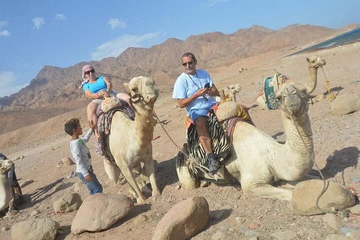 Touristes à dos de chameau dans le désert rocheux de Charm el-Cheikh, accompagnés d'un enfant de la région et d'autres chameaux