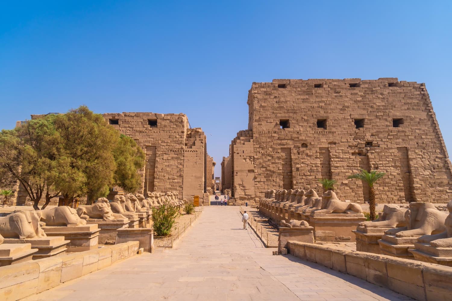 Avenue of ram-headed sphinxes leading toward the entrance at Karnak Temple in Luxor